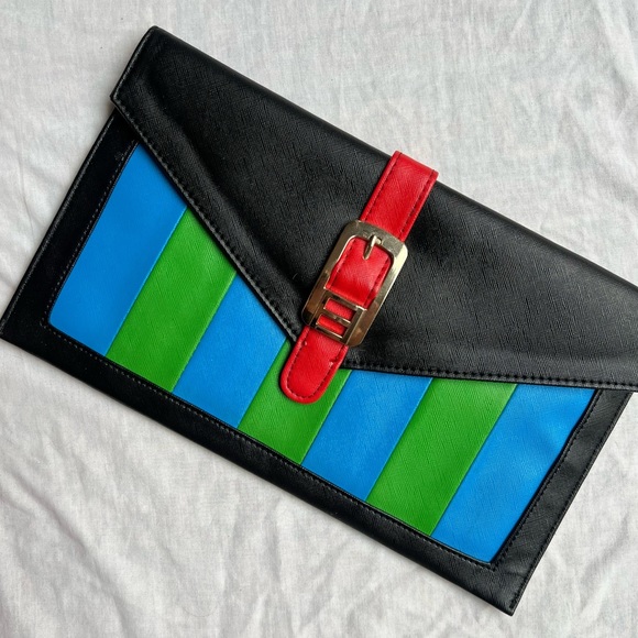 Handbags - Women’s Blue, Green, Black, and Red Party Clutch with gold Detail